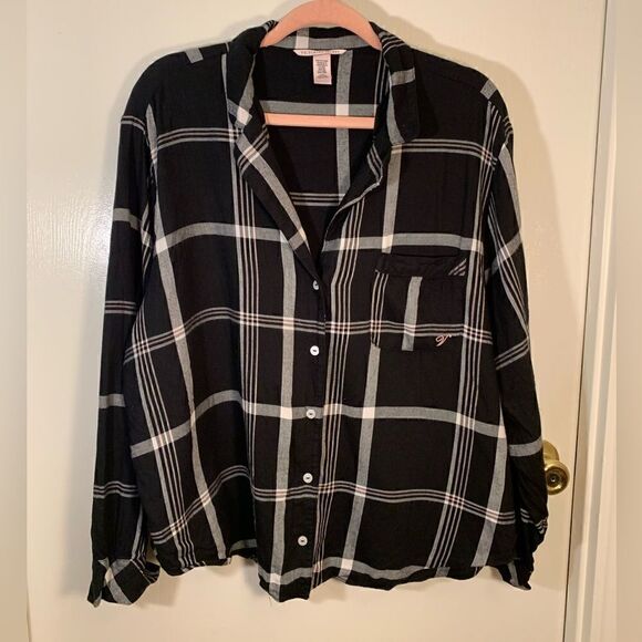 Victorias Secret black/white/pink plaid flannel long sleeve sleep top Size Large - Picture 1 of 6